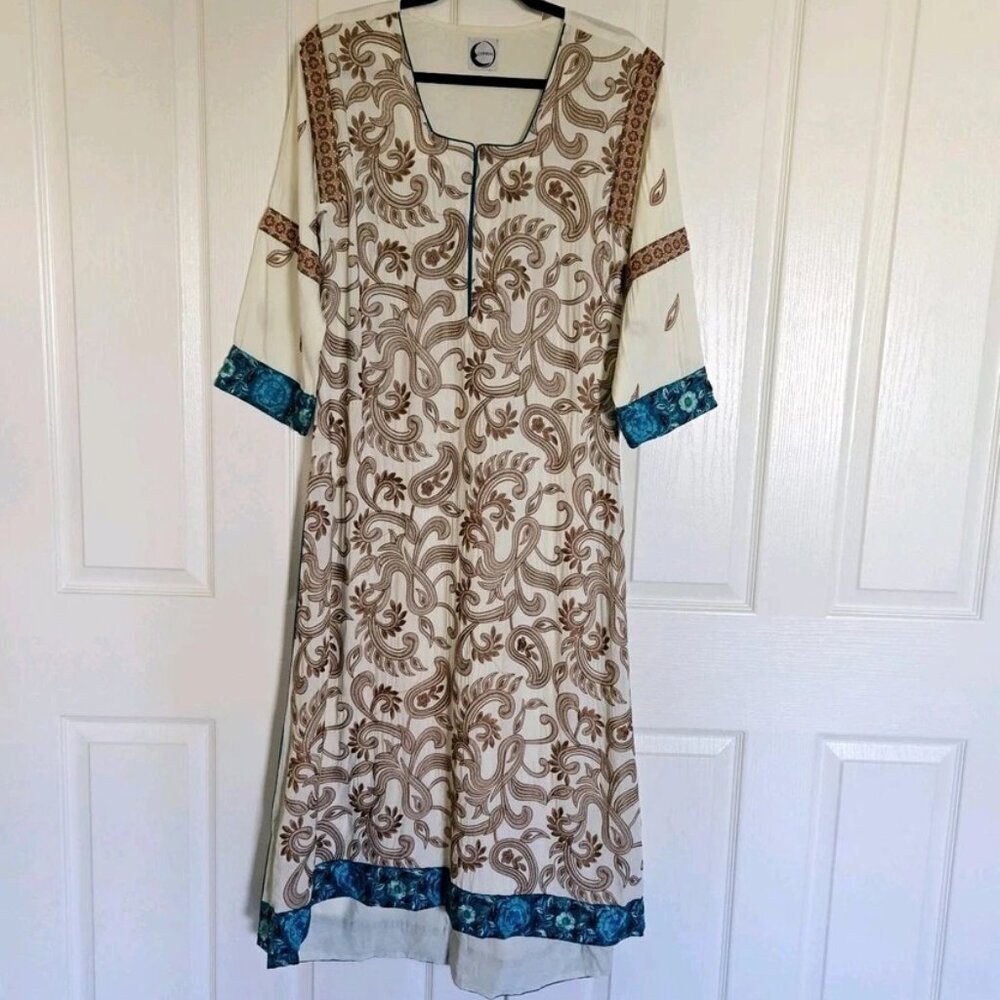 Embroidered Ivory Brown Top Shirt Long Kurti Viscose Size Medium